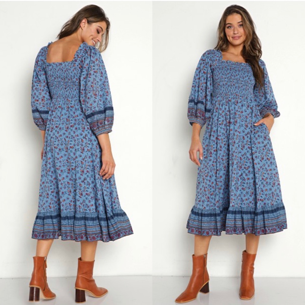 Cleobella Eva Midi Dress Lapis Block Print